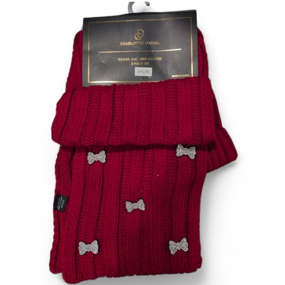 Cherry Red Knit Scarf, Glove & Hat Set with Silver Bows - Picture 4 of 5